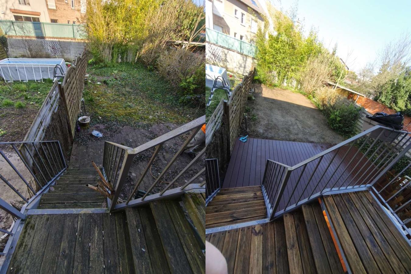 Jardin envahi puis débroussaillé, terrasse remise en état, avant et après